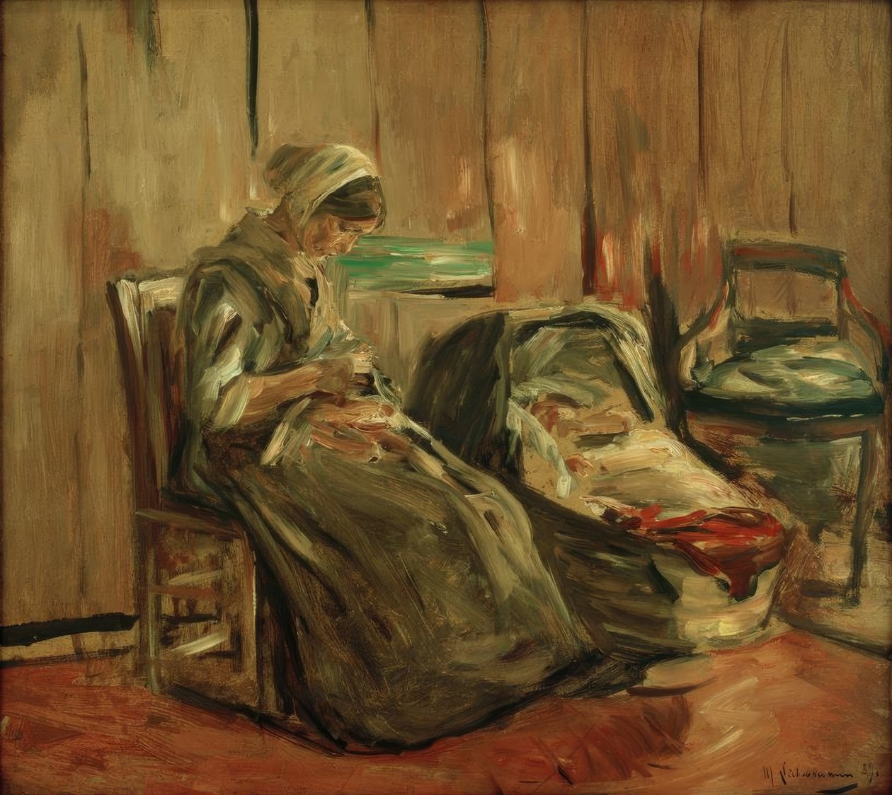 Interieur met Naaiende Vrouw door Max Liebermann