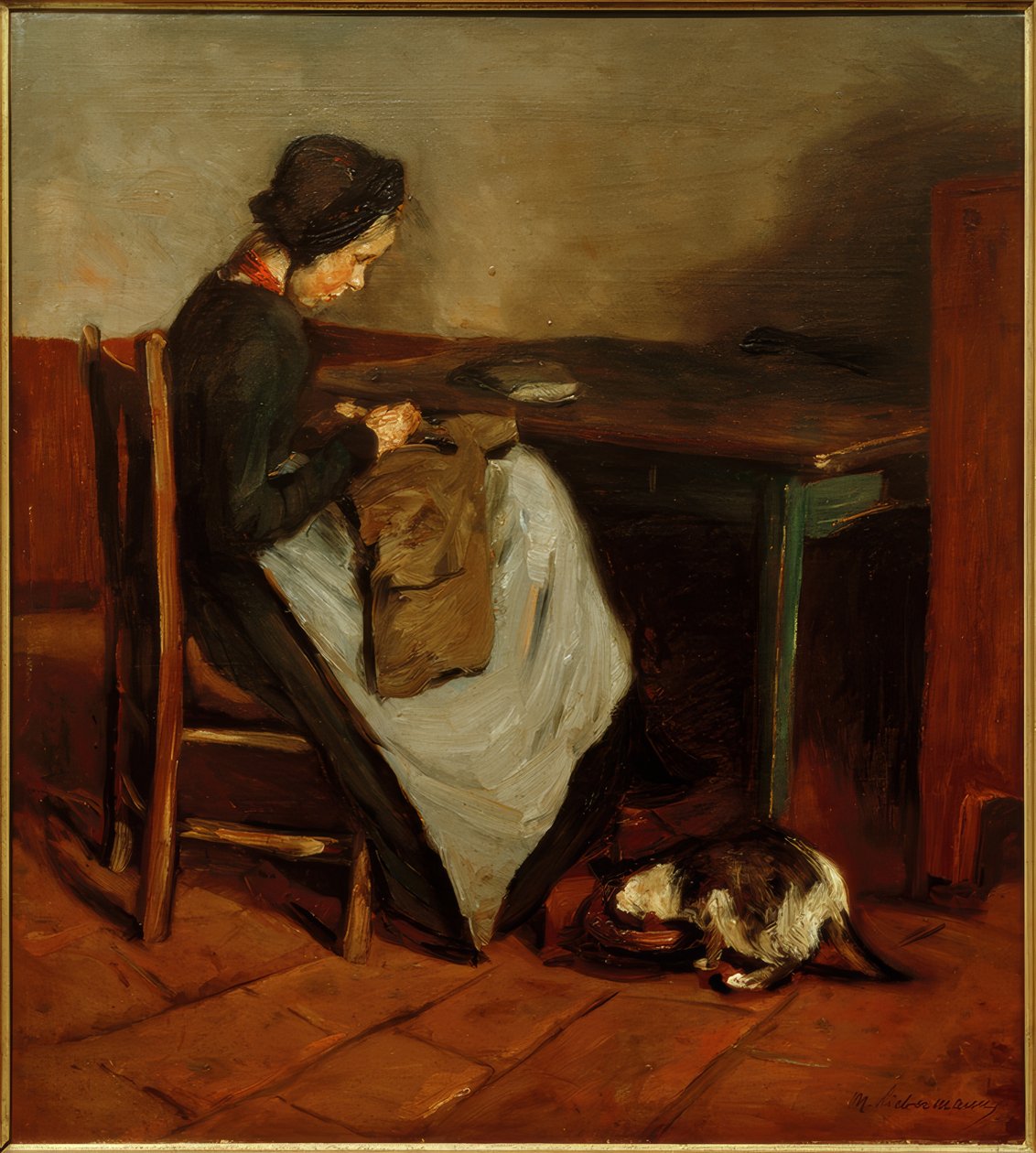 Naaiend meisje met kat - Nederlands interieur door Max Liebermann