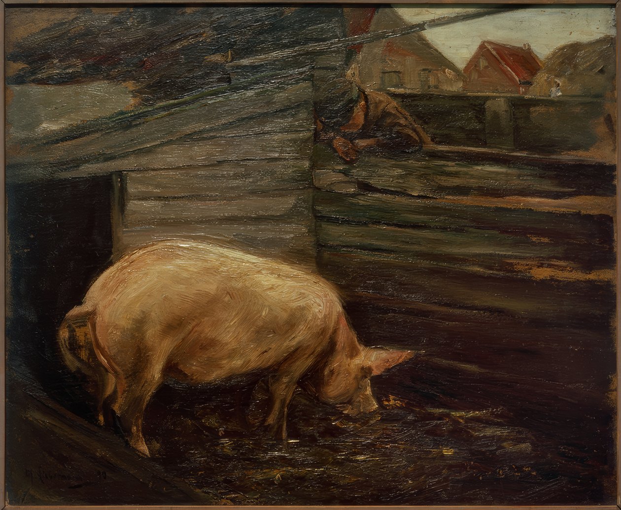 Varkensstal met boerenjongens door Max Liebermann