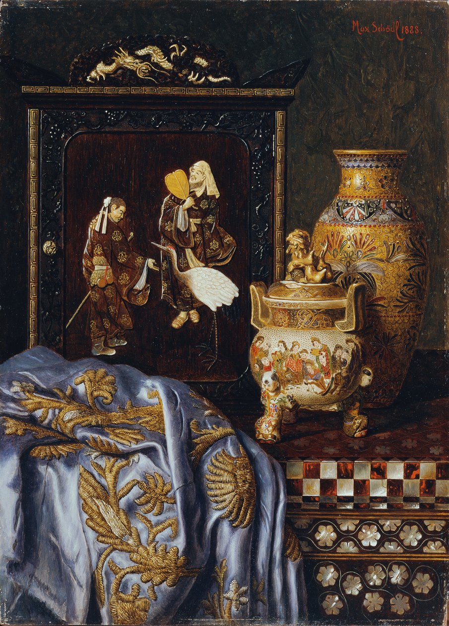 Stilleven met Japanse kunstvoorwerpen door Max Schodl