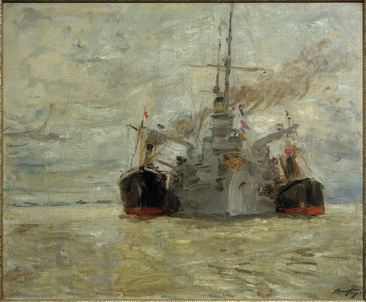 Oorlogsschip dat kolen bunkert in de haven van Hamburg door Max Slevogt