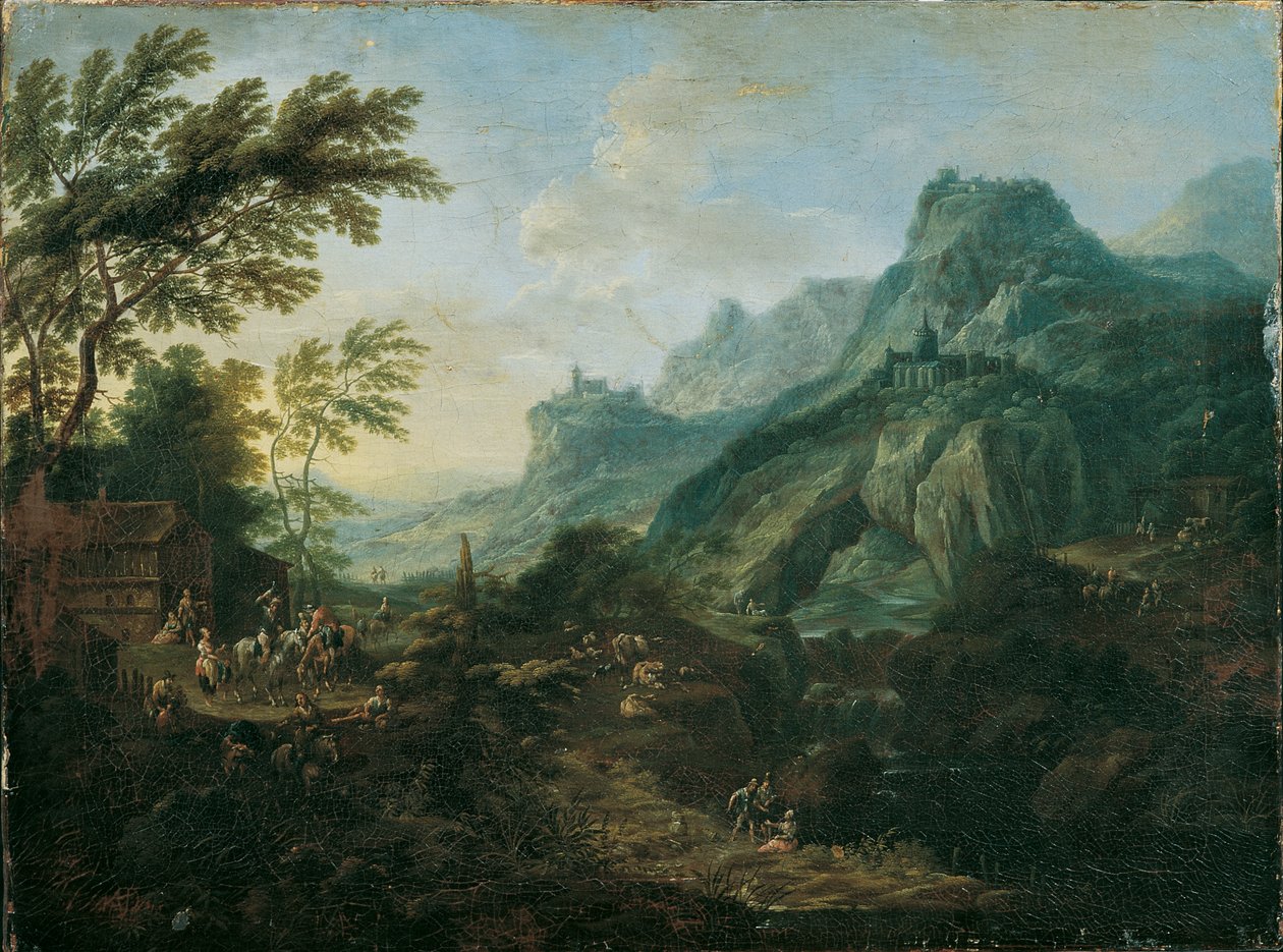 Ideaal berglandschap met boerderij door Maximilian Joseph Schinnagl