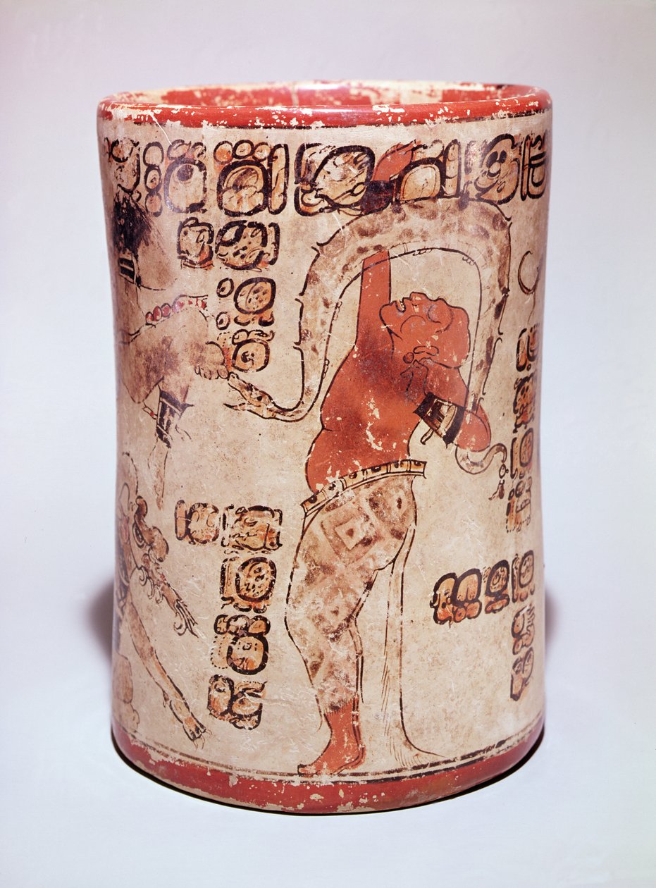 Kruik die een man toont dansend met een slang, gevonden in een graf in Altar de Sacrificios, Klassieke Maya door Mayan