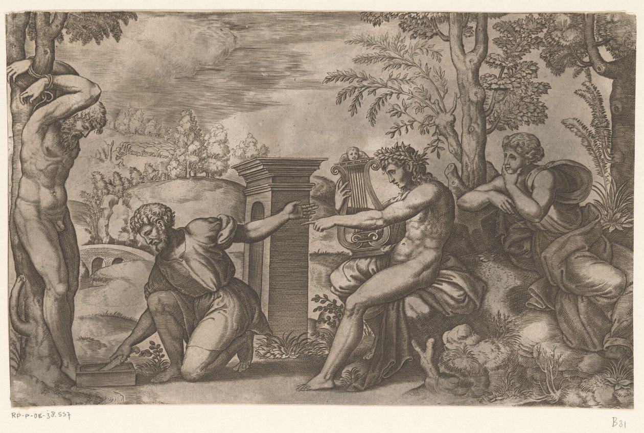 Apollo en Marsyas door Meester van de Dobbelsteen