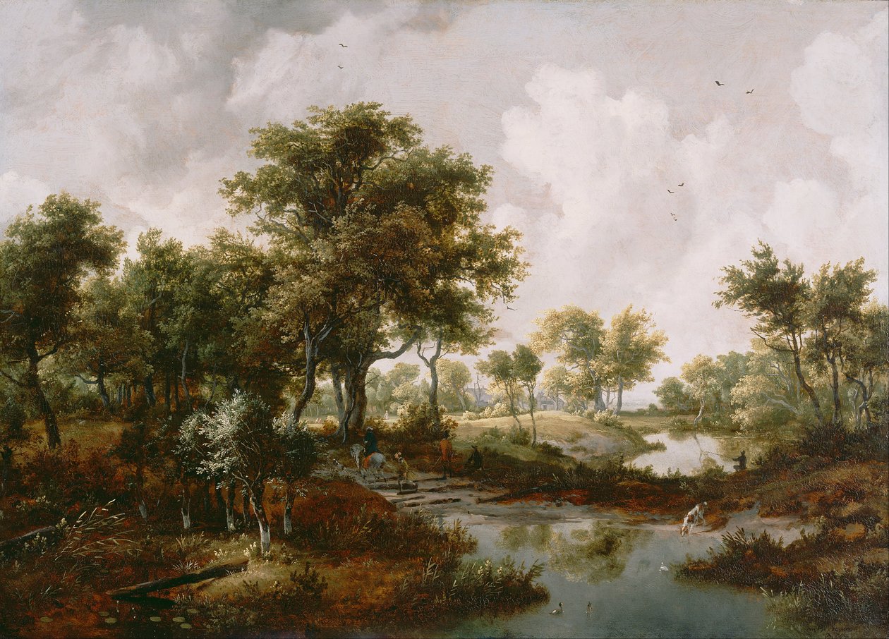 Een bosrijk landschap door Meindert Hobbema