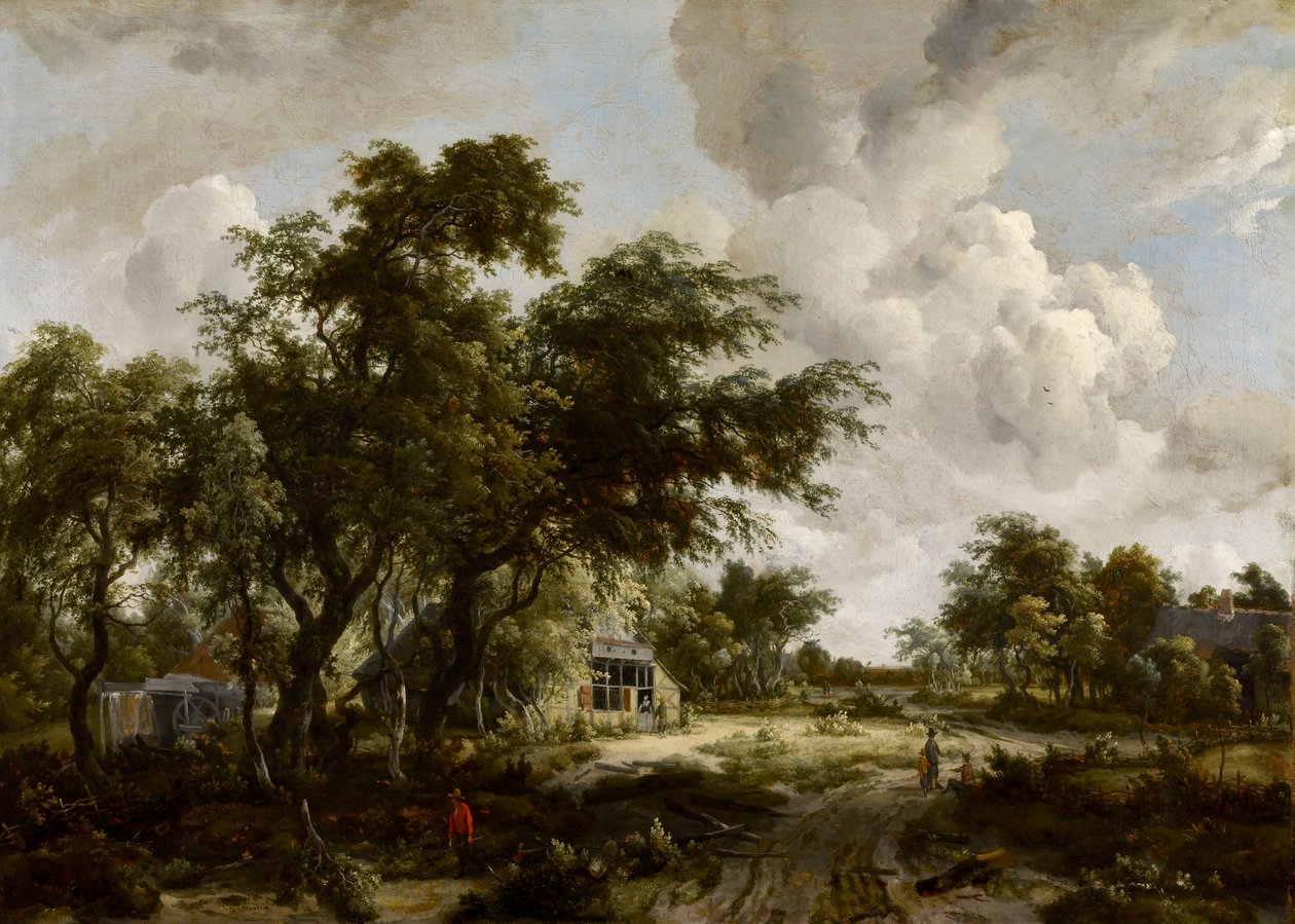 Dorp met watermolen tussen bomen door Meindert Hobbema