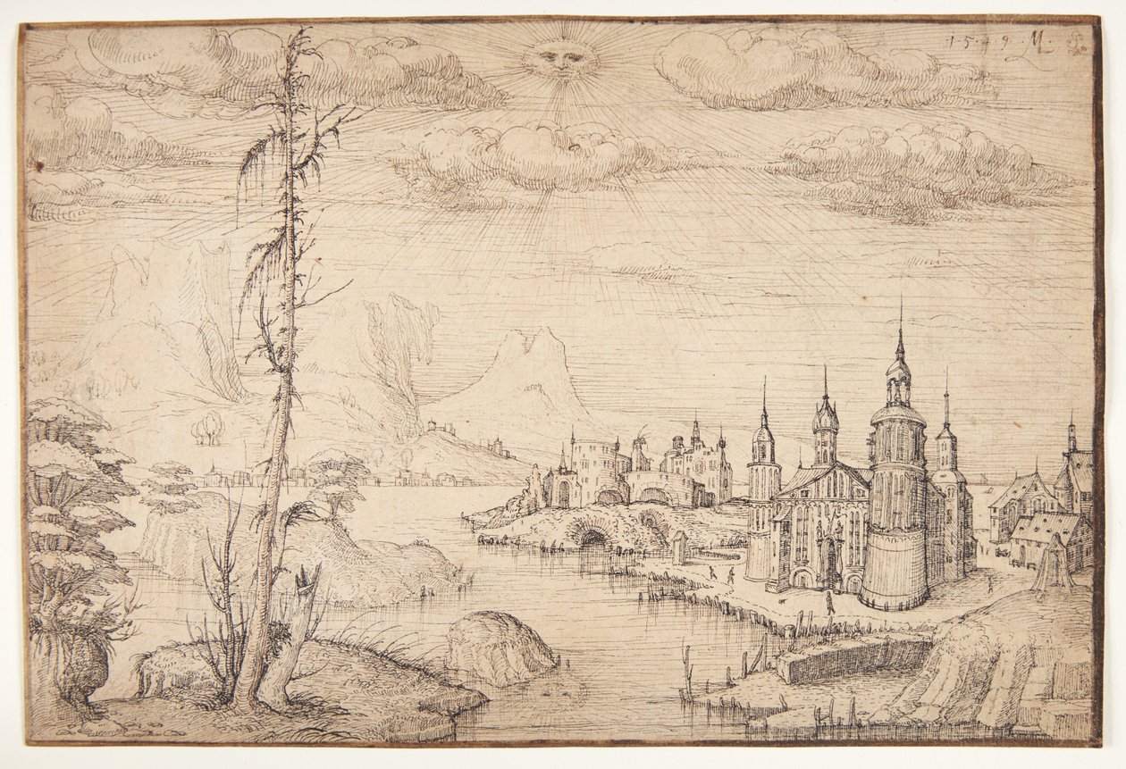 Landschap met een stad door Melchior Lorck