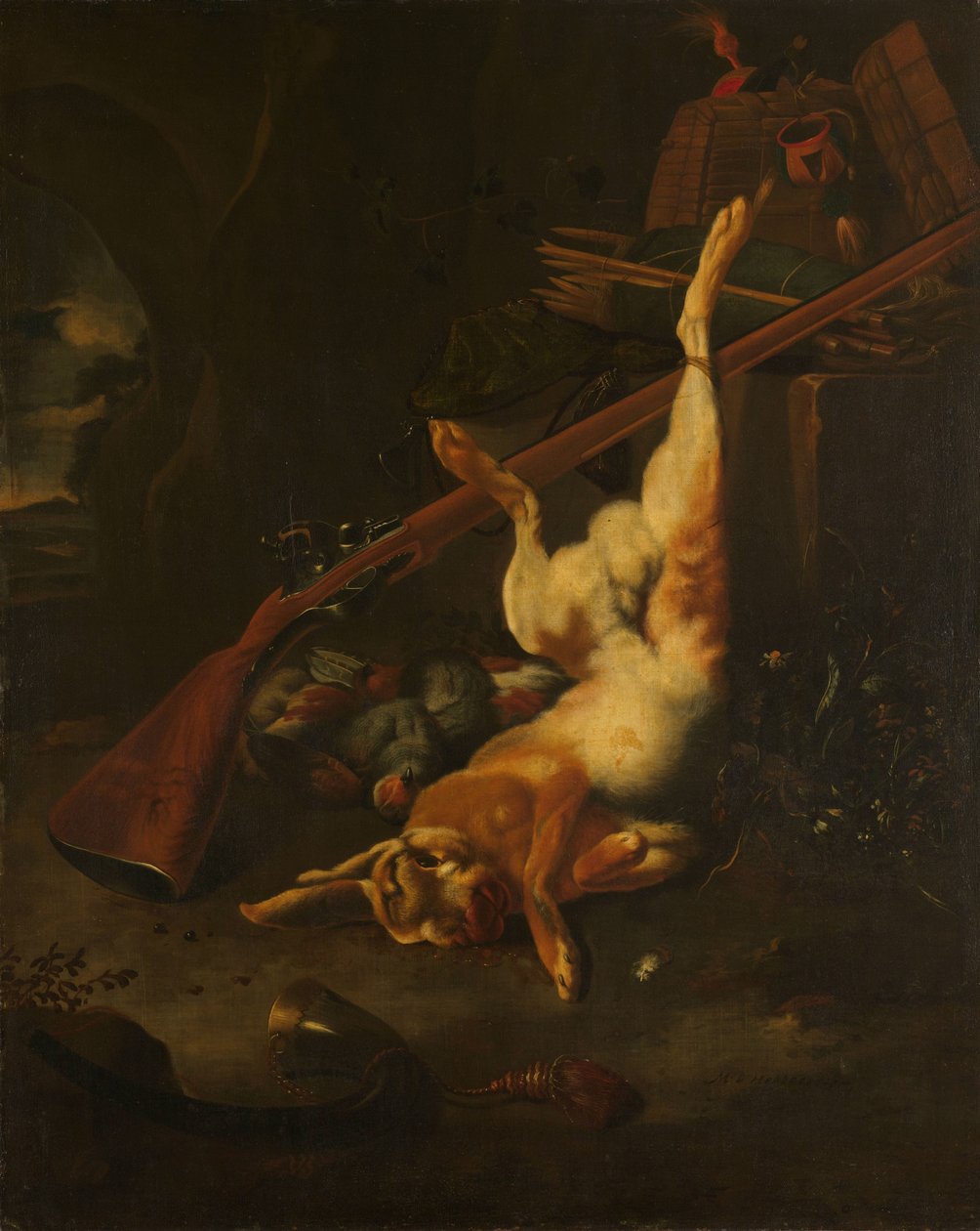 Een jagerstas met een dode haas door Melchior d