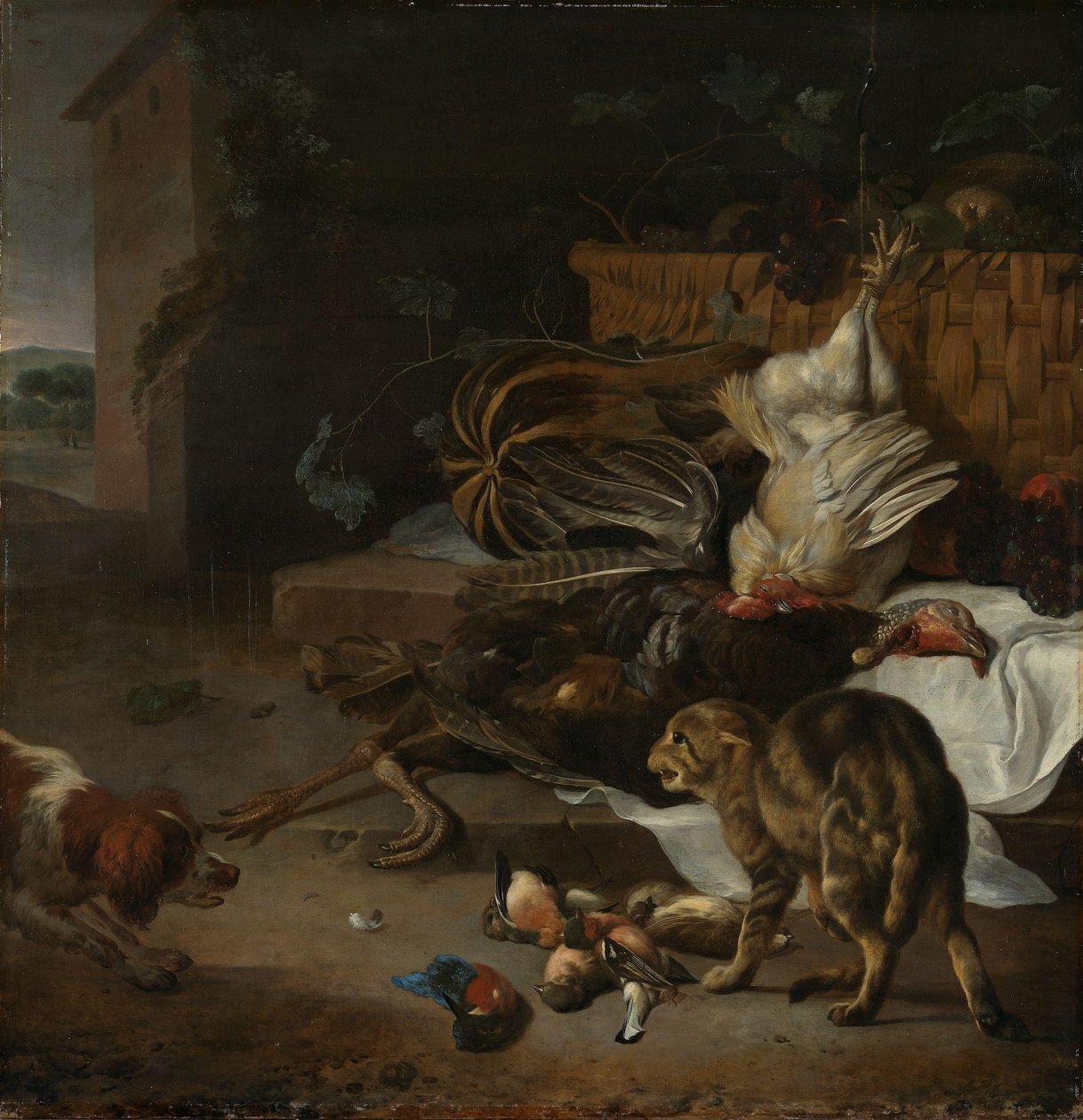Stilleven met gevogelte en vruchten door Melchior d