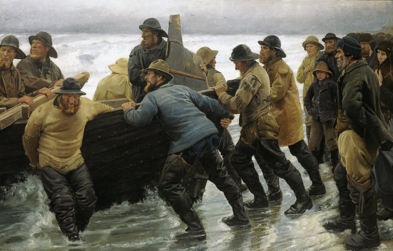 Vissers die een roeiboot te water laten door Michael Peter Ancher