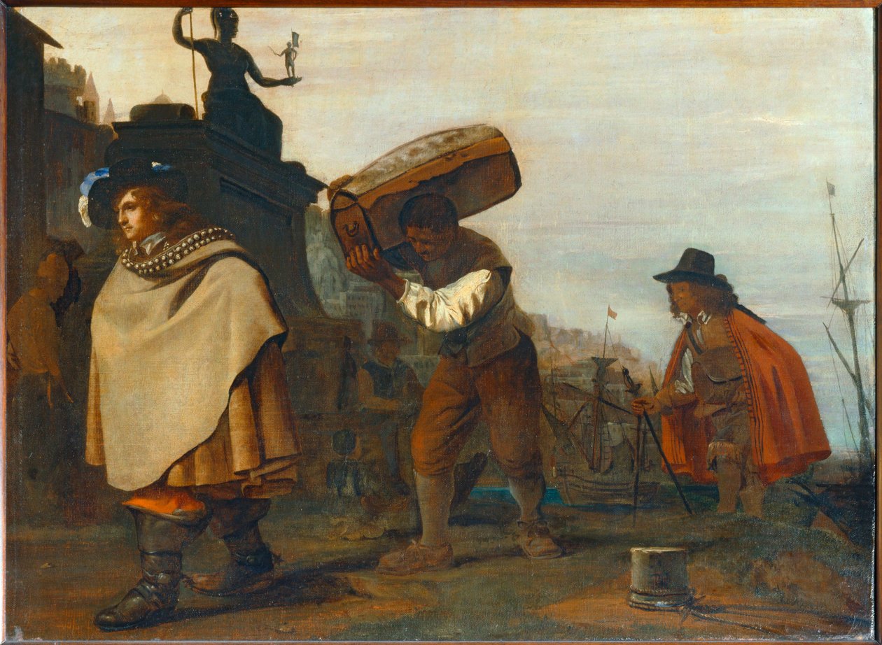 Heren arriveren in een zuidelijke haven ... door Michael Sweerts