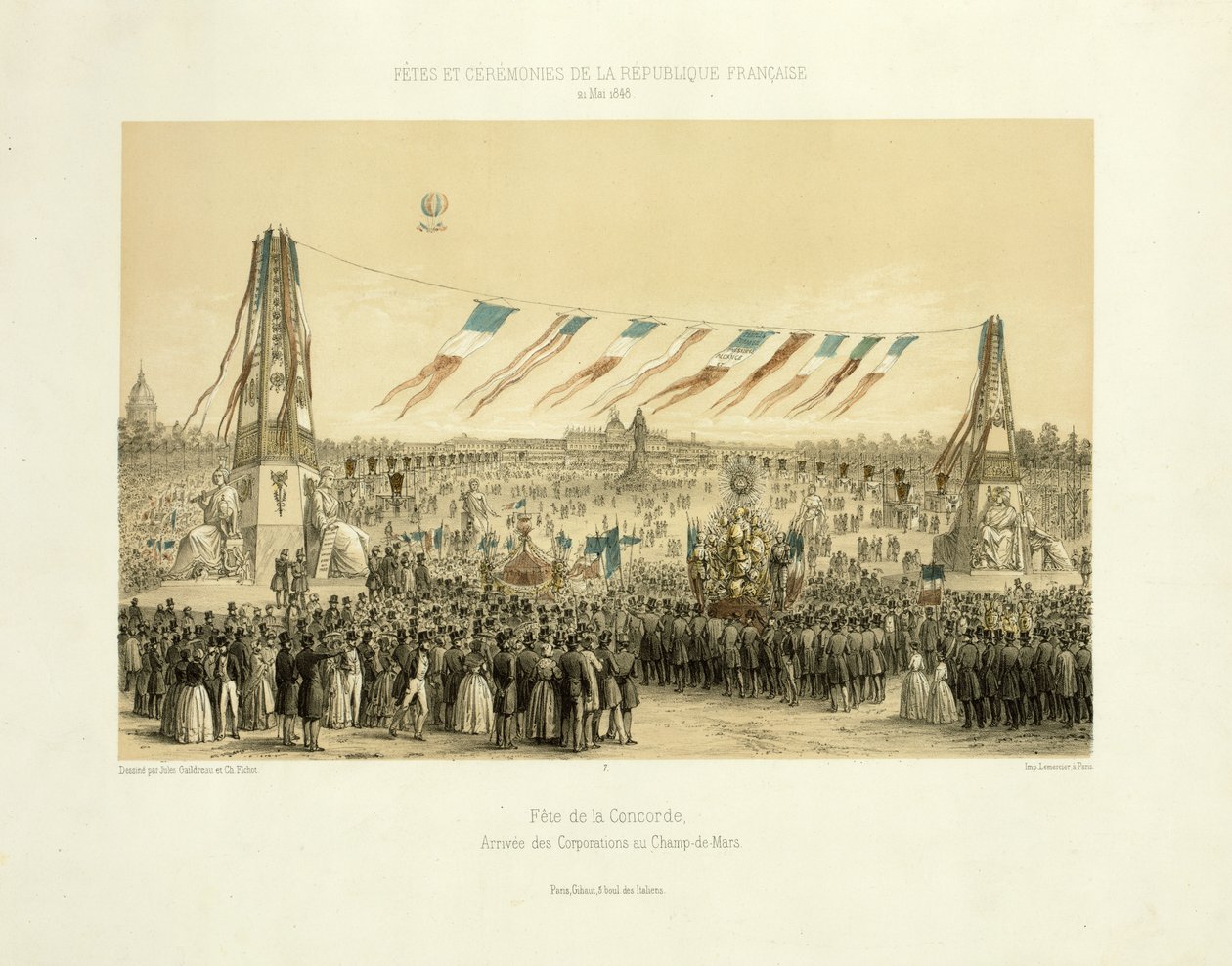 Fête de la Concorde, aankomst van corporaties, Champ-de-Mars, Parijs, 1848 door Michel C. and Gaildrau, Jules Fichot
