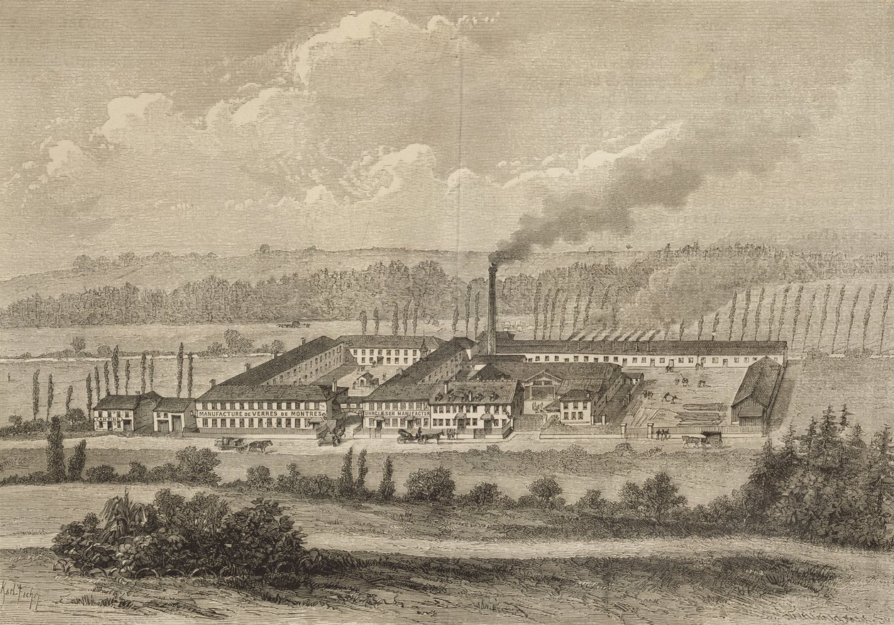 Uitzicht op de fabriek in Trois-Fontaines, 1883 door Michel Charles Fichot
