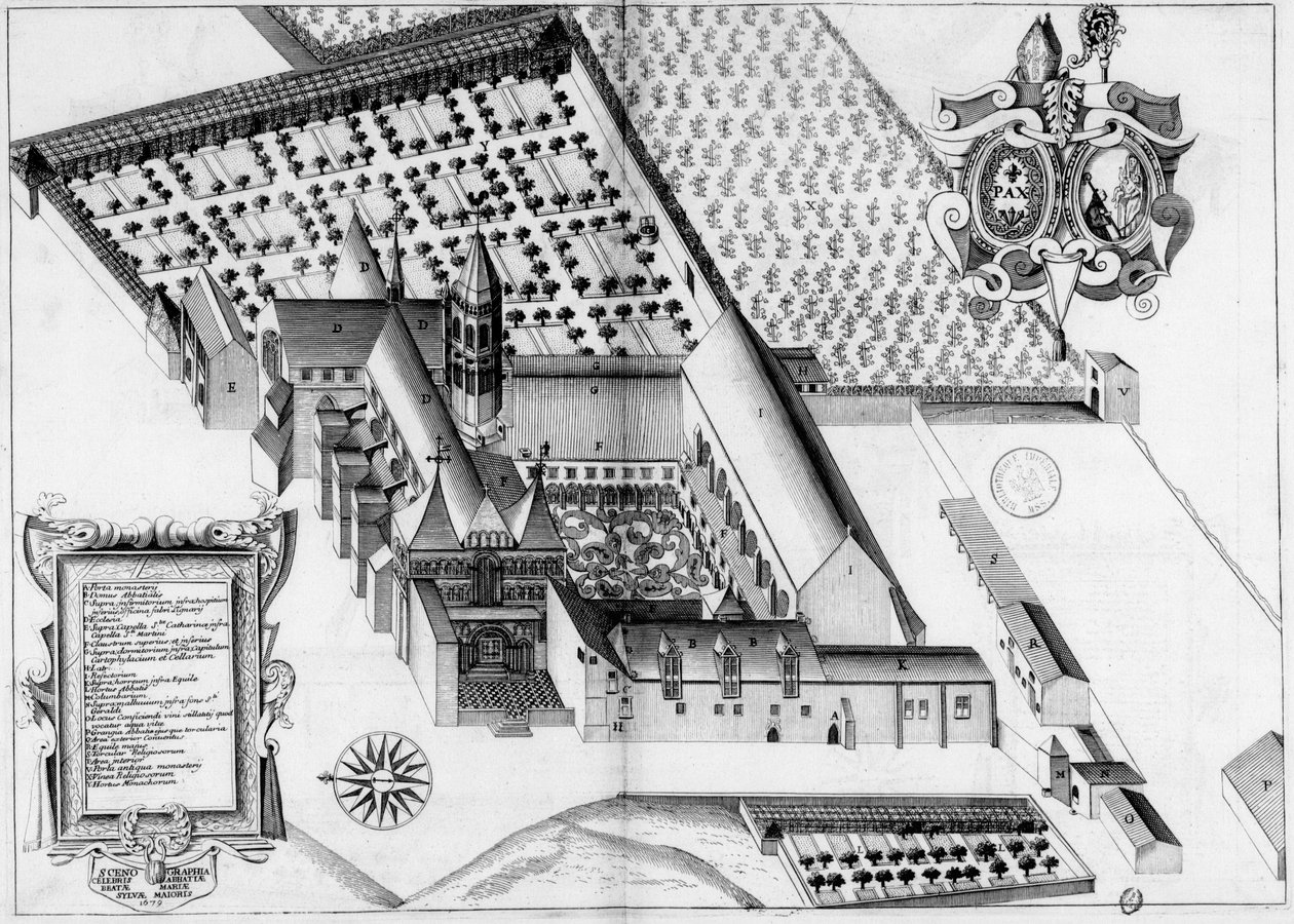 Gravure uit de 17e eeuw van de abdij van La Sauve-Majeure, in Frankrijk, in het boek Monasticon Gallicanum door Michel Germain
