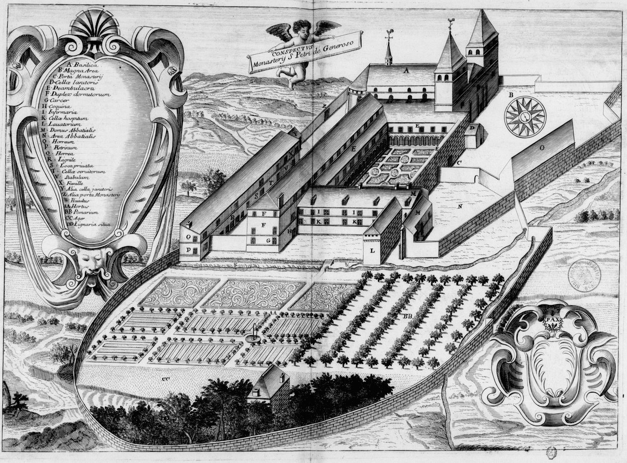 Gravure uit de 17e eeuw van de abdij van Saint-Pé-de-Bigorre, in het boek Monasticon Gallicanum door Michel Germain