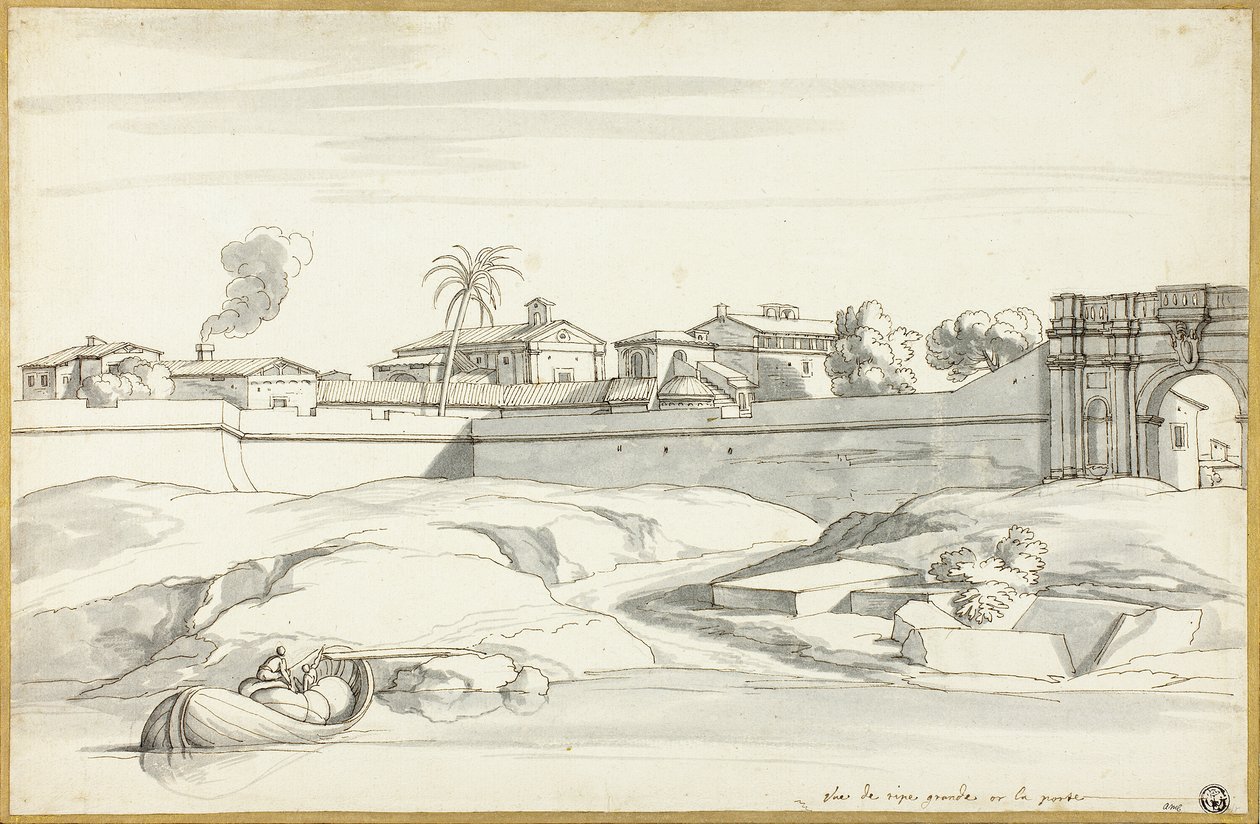 Landschap langs een rivier door Michel Ange Houasse