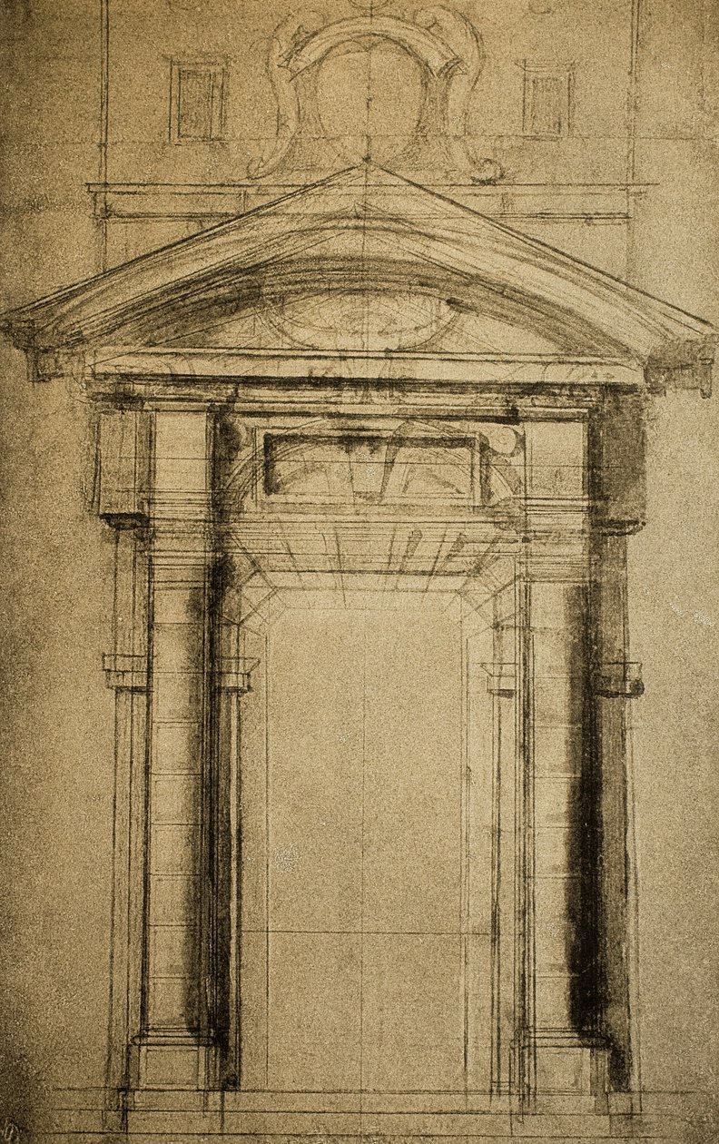 Architectonische schets van een deur met een wapenschild door Michelangelo Buonarroti