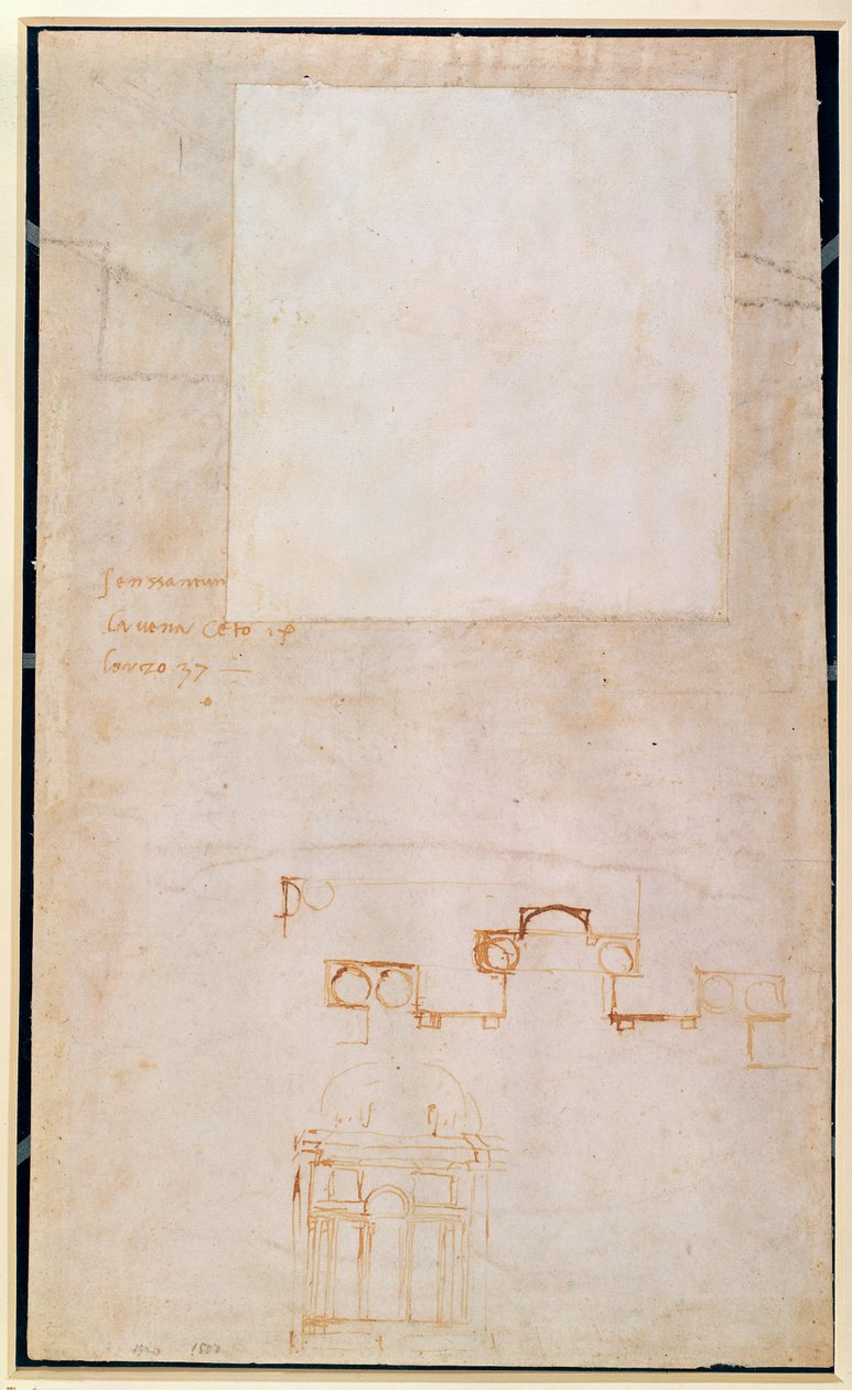 Architectonische studie met aantekeningen door Michelangelo Buonarroti