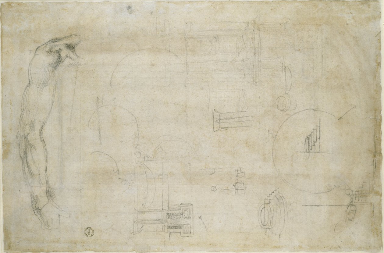 Architecturale studies en Een Arm van een Man, c.1538-50 door Michelangelo Buonarroti