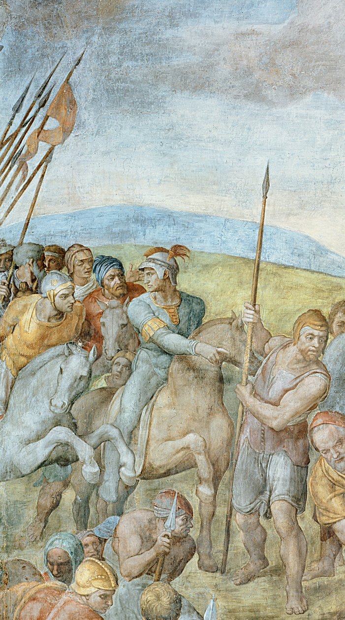 Groep Romeinse soldaten met hun leider die naar Sint-Pieter aan het kruis wijst, detail van de Kruisiging van Sint-Pieter (detail) door Michelangelo Buonarroti