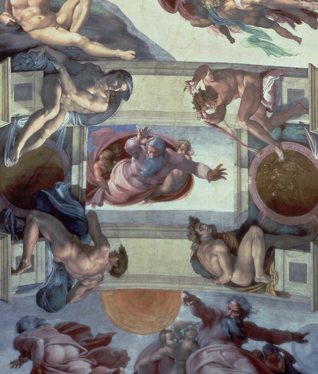 Plafond van de Sixtijnse Kapel (1508-12): De scheiding van de wateren van de aarde, 1511-12 (post restauratie) door Michelangelo Buonarroti