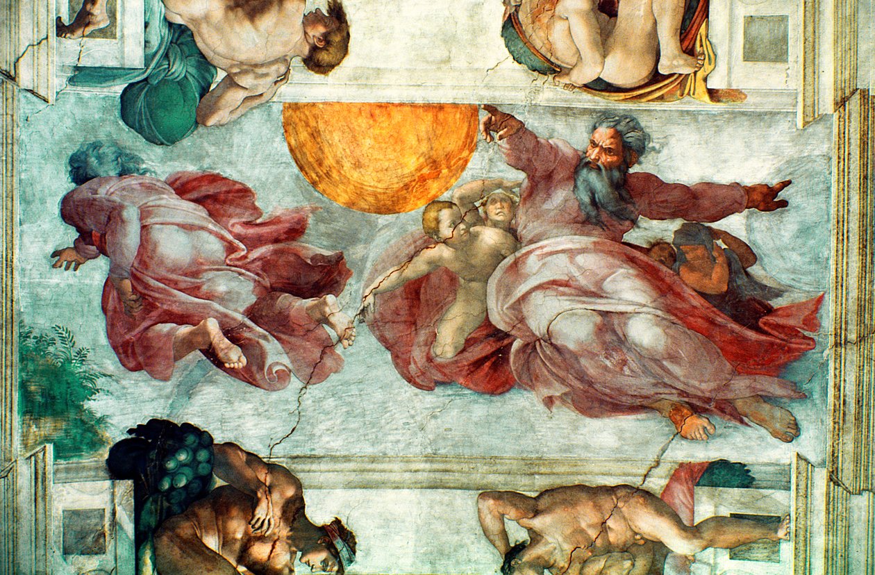 Sixtijnse Kapel Plafond: Schepping van de Zon en de Maan, 1508-12 door Michelangelo Buonarroti