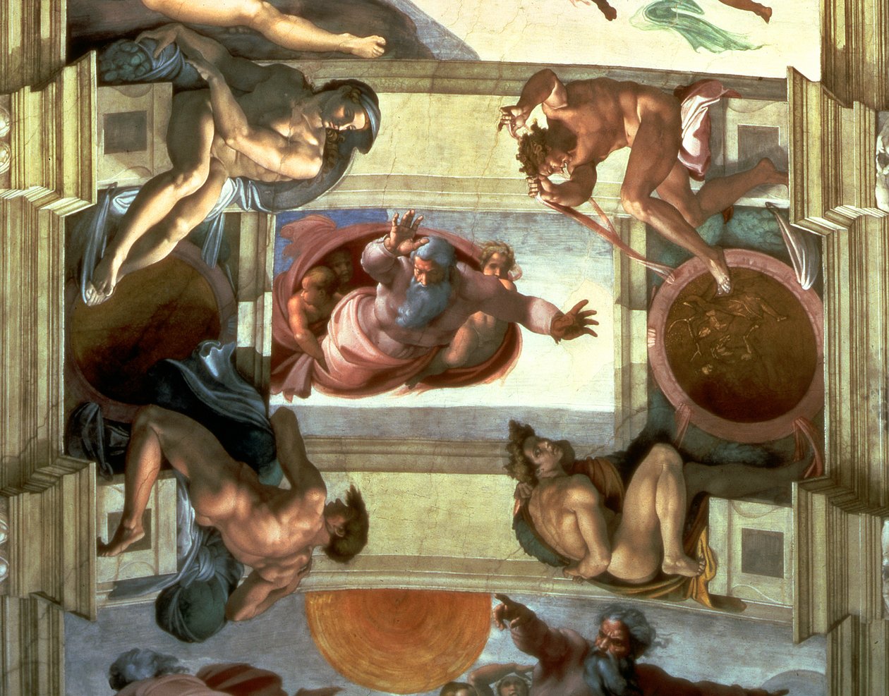 Plafond van de Sixtijnse Kapel: God scheidt het land van de zee, met vier Ignudi, 1510 (na restauratie) door Michelangelo Buonarroti