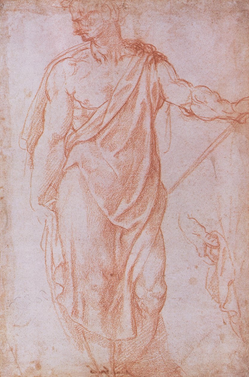 Schets van een man met een staf en een studie van een hand door Michelangelo Buonarroti