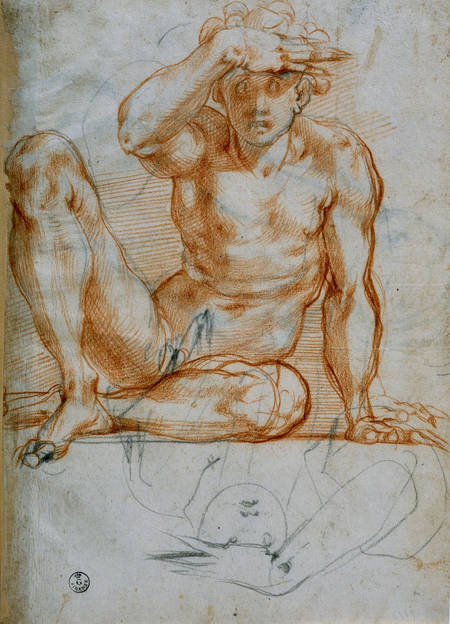 Studie van een naakt die een schaduw maakt met zijn hand (6599 F), rood potlood op papier, Michelangelo Buonarroti (1475-1564), Tekeningen- en Prentenkabinet, De Uffizi Galerij, Florence door Michelangelo Buonarroti