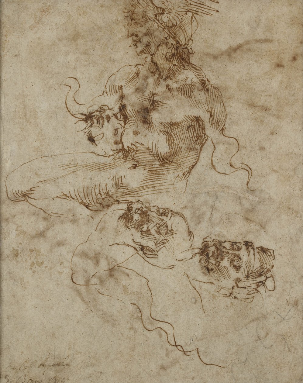 Studie van een zittende jonge man, met hoofdstudies, ca. 1502 door Michelangelo Buonarroti