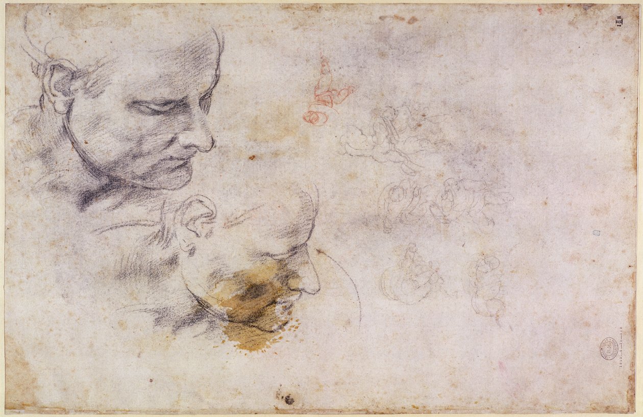 W.60 Schets van een mannelijk hoofd, in twee posities door Michelangelo Buonarroti