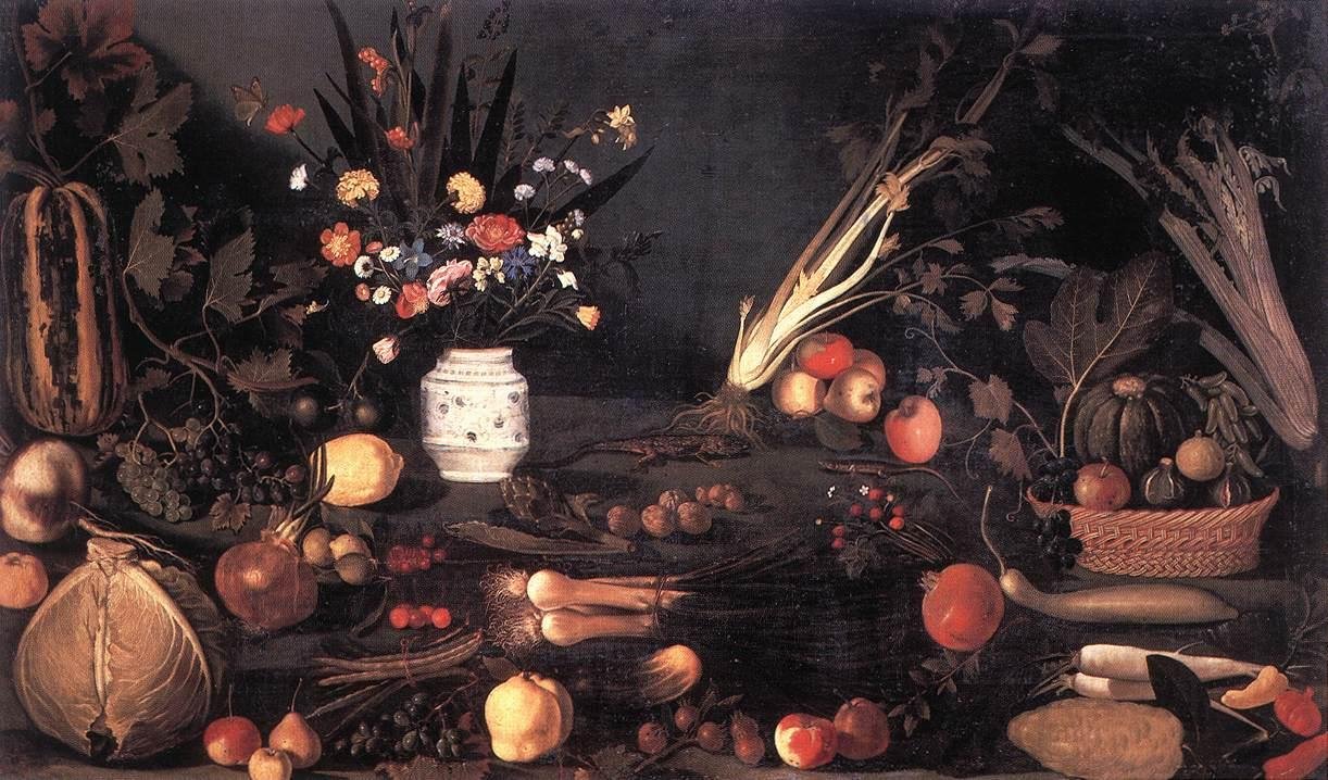 Stilleven met Bloemen en Fruit door Michelangelo Merisi Caravaggio