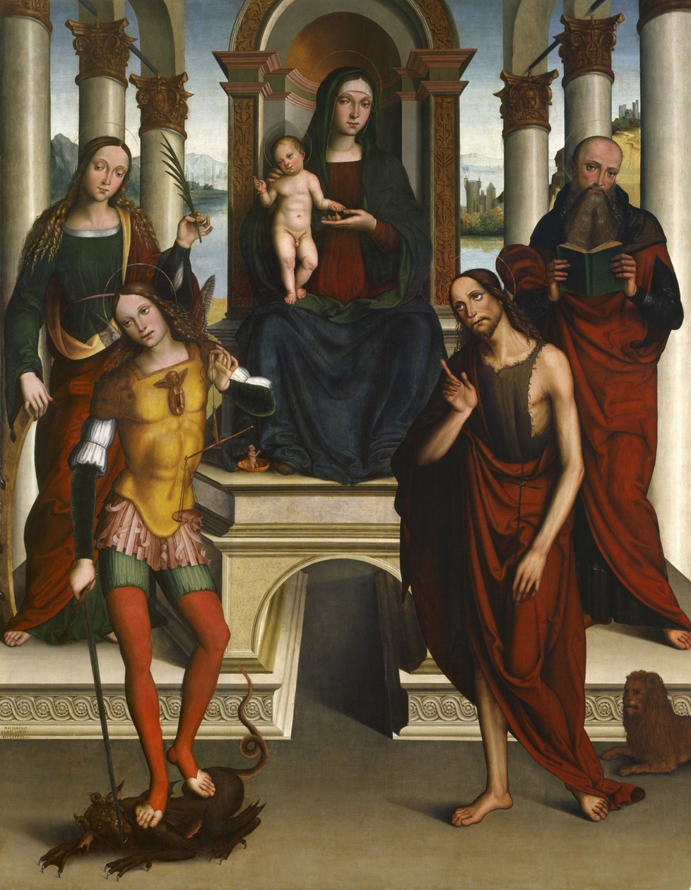 Madonna en Kind op de troon met heiligen, 1506 door Michele di Luca dei Coltellini