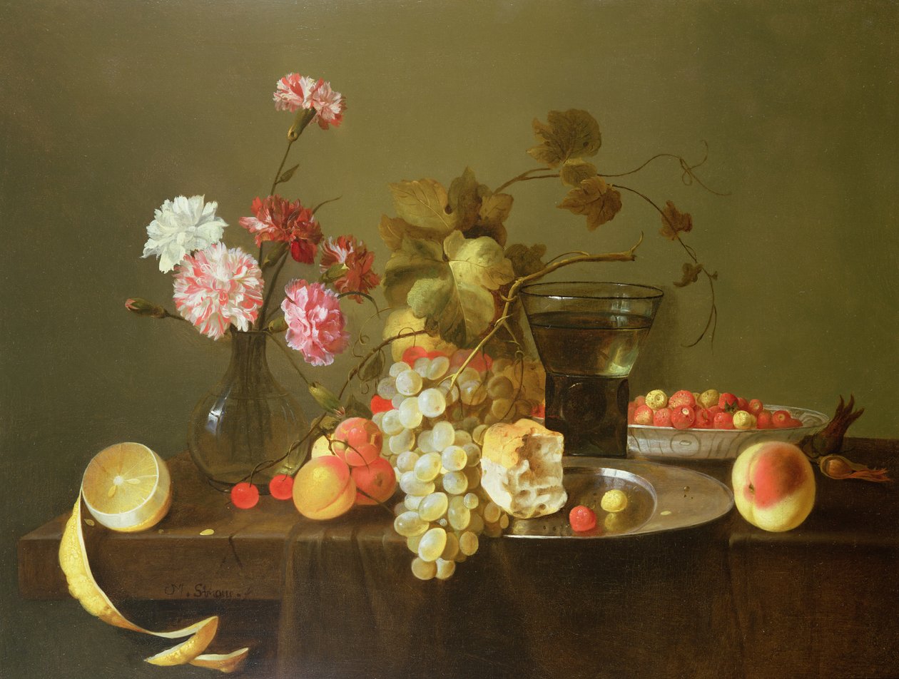 Stilleven van Fruit en Bloemen door Michiel Simons