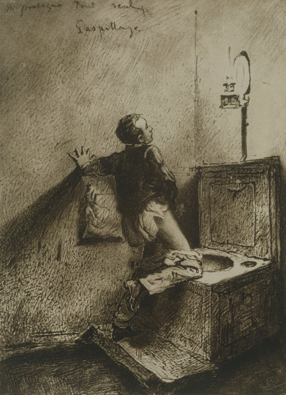 Jongen die masturbeert in een toilet, plaat 19 uit Liebe (Liefde) uitgegeven 1901 in Leipzig door Mihaly von Zichy