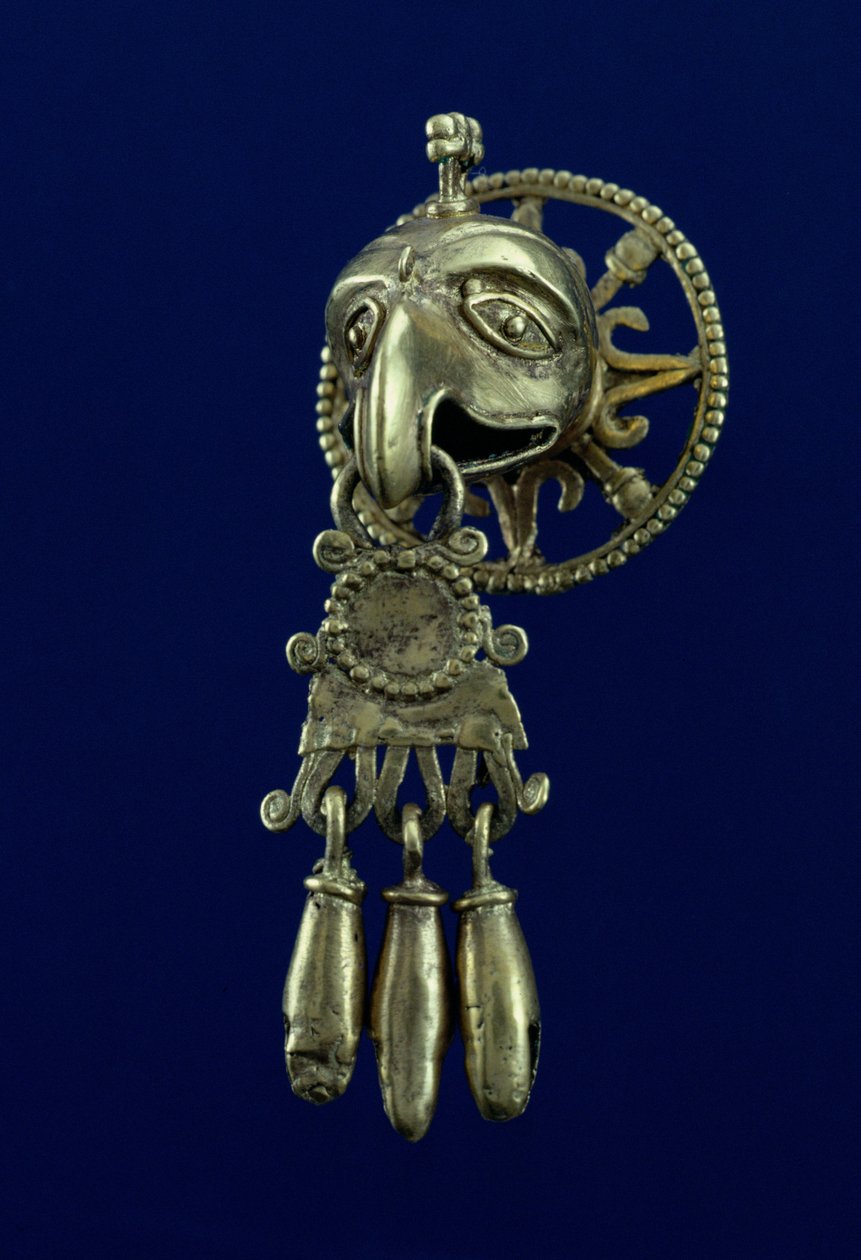 Lippenplug van vogelgod (goud) door Mixtec