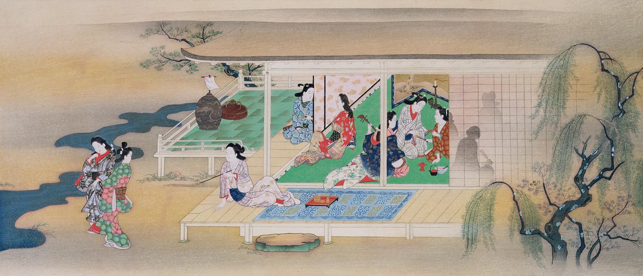 Muzikale soiree tijdens een maanverlichte avond in juni, illustratie uit Kokka magazine, gepubliceerd in 1905-6 door Miyagawa Chōshun