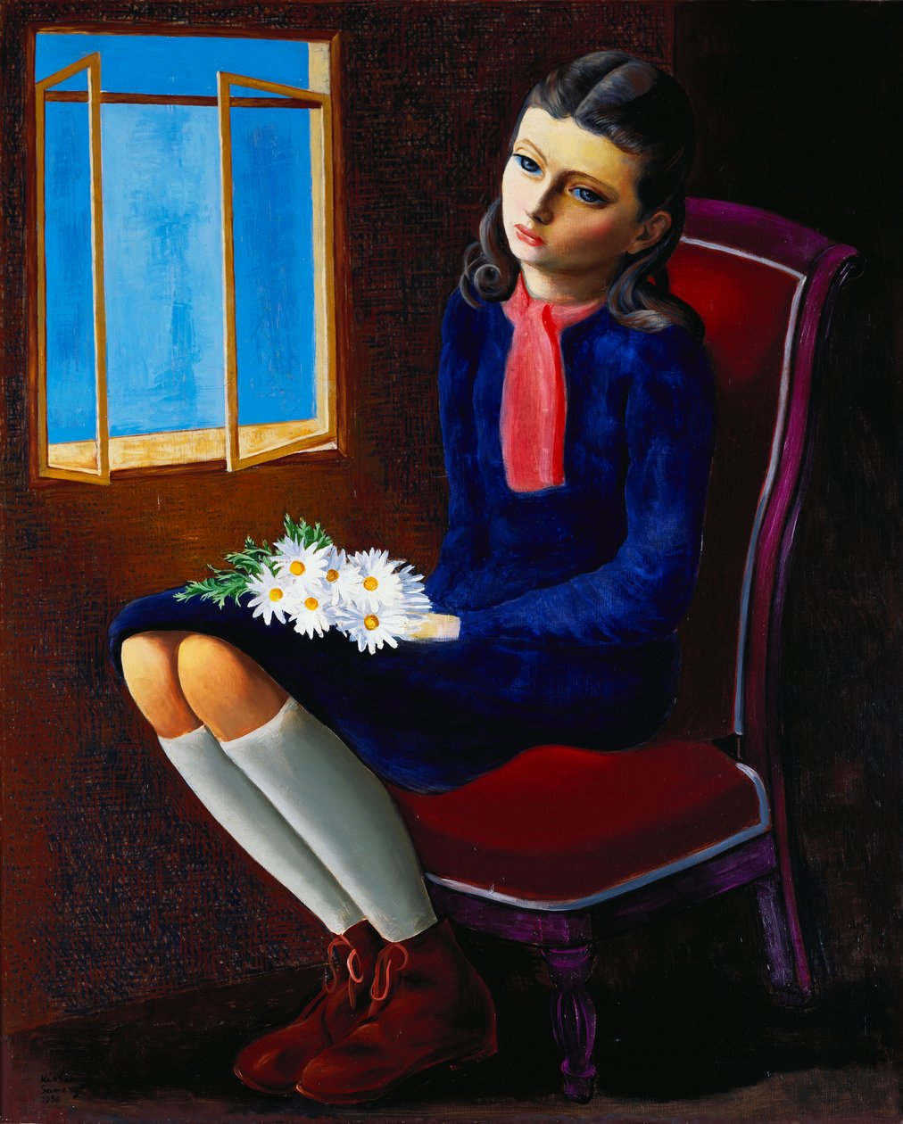 Een jong meisje zittend met Marguerites door Moise Kisling