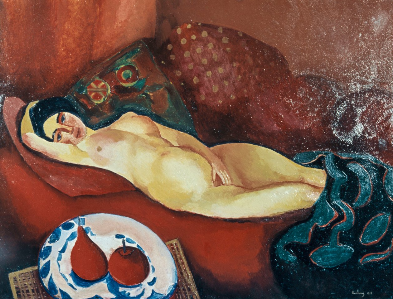 Naakt op rode bank (olieverf op doek) door Moise Kisling