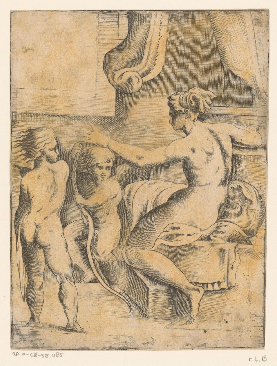 Venus met twee putti door Monogrammist FP (Italië; 16e eeuw)
