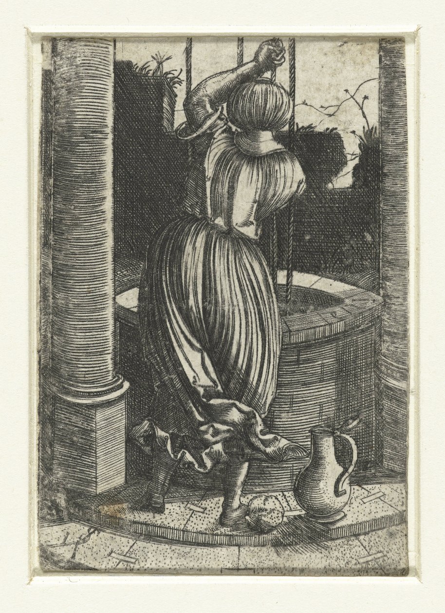 Vrouw bij een waterput door Monogrammist IS (graveur)
