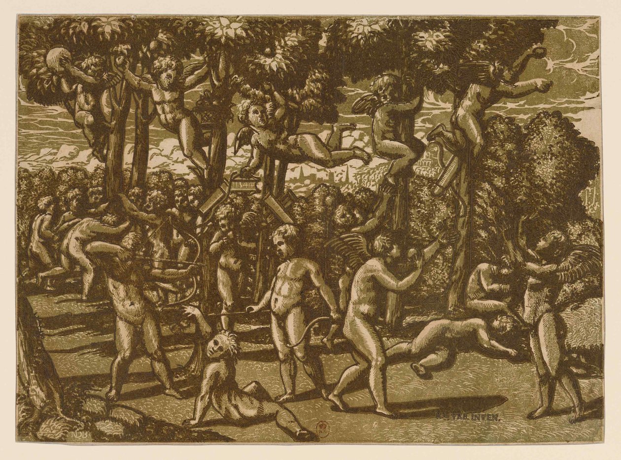 Putti Spelend na Raphael, 1544 door Monogrammist NDB