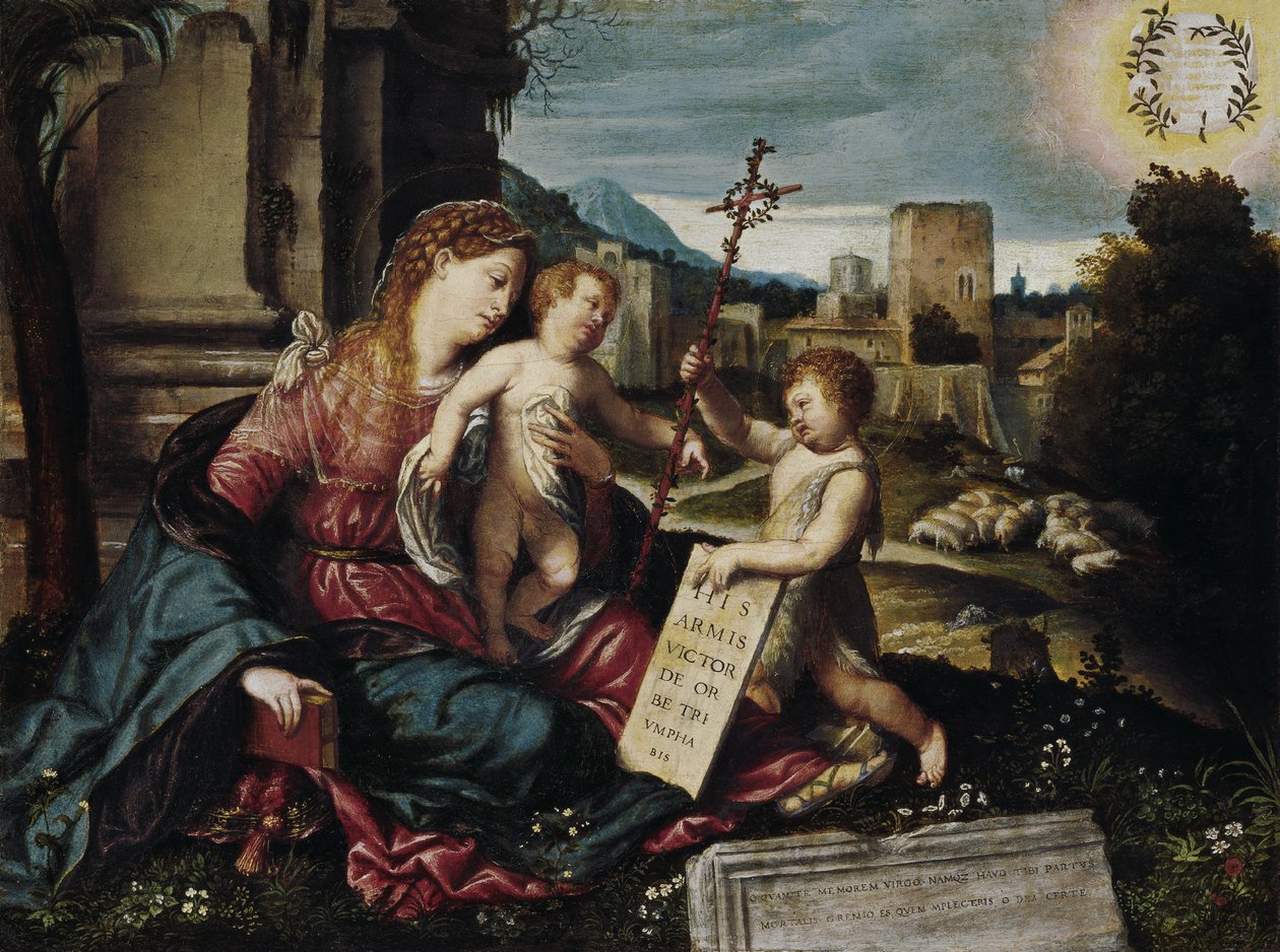 Madonna met kind en de jonge St. Jan door Moretto da Brescia