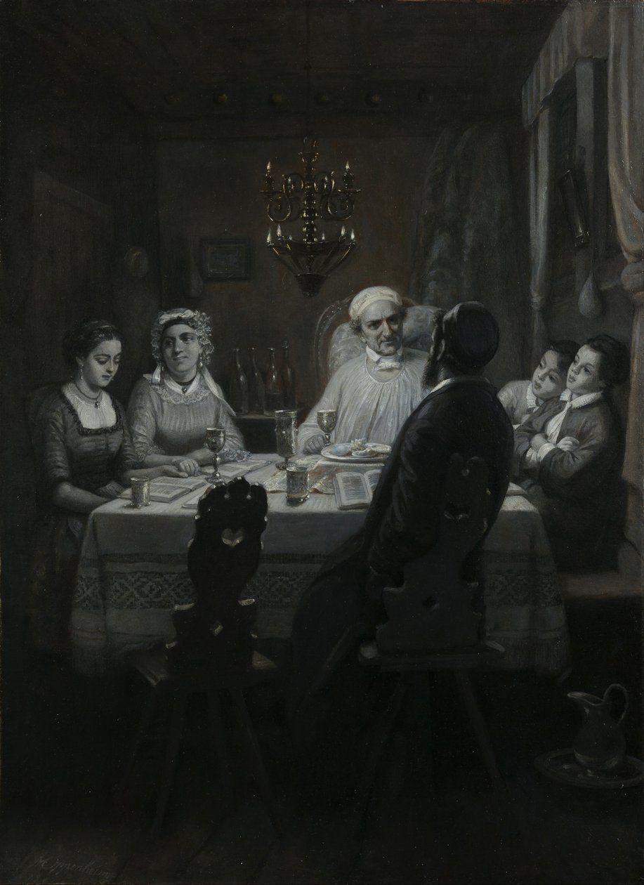 Seder (De Pesachmaaltijd) door Moritz Daniel Oppenheim