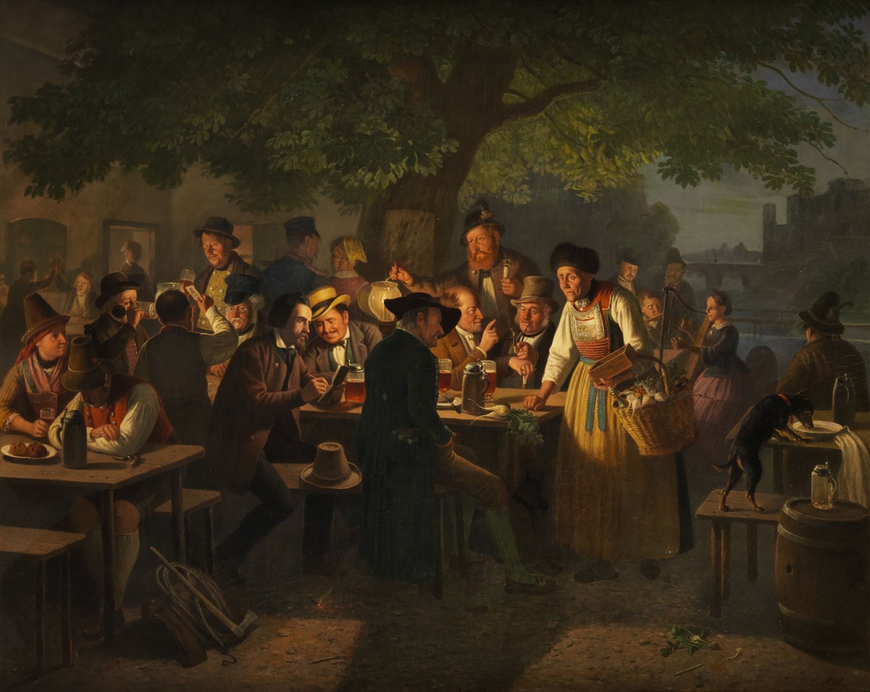 Nachtelijke biertuin scène met oude radijsverkoopster door Moritz Muller