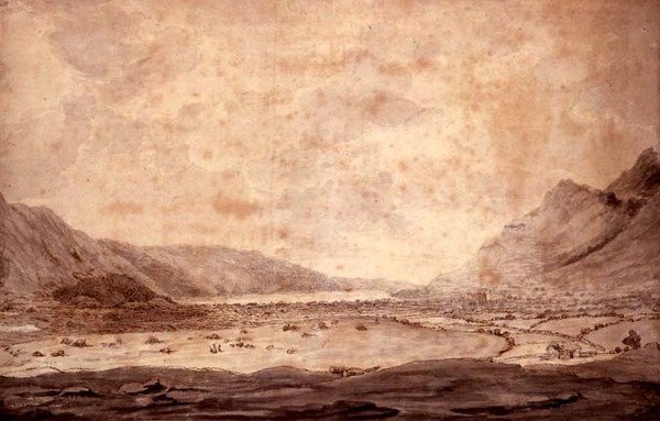 Panoramisch Uitzicht op Derwentwater en de Vale of Keswick (detail), ca. 1772 door Moses Griffith