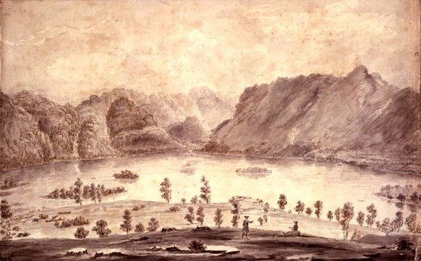 Panoramisch uitzicht op Derwentwater en de Vale of Keswick, detail van de westkant van Derwent Water, ca. 1772 door Moses Griffith