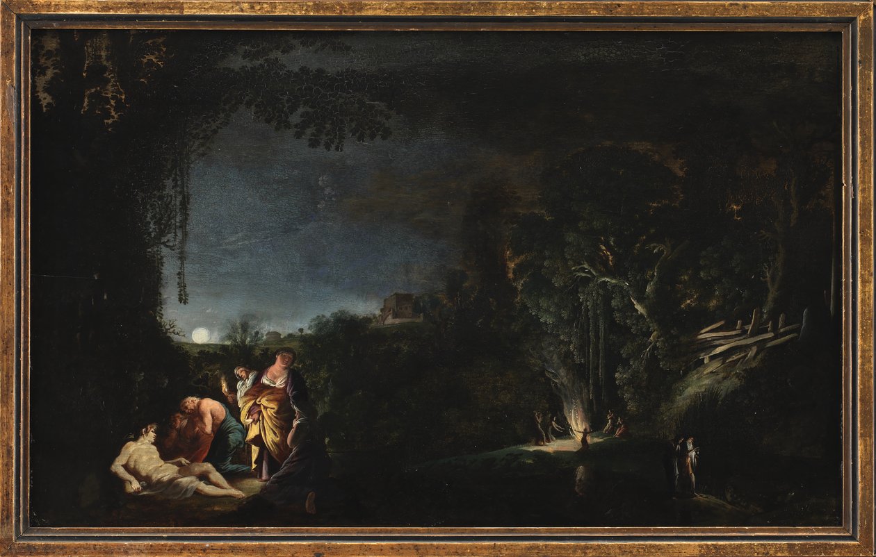 Maanlichtlandschap met mythologisch (?) motief door Moyses van Wtenbrouck