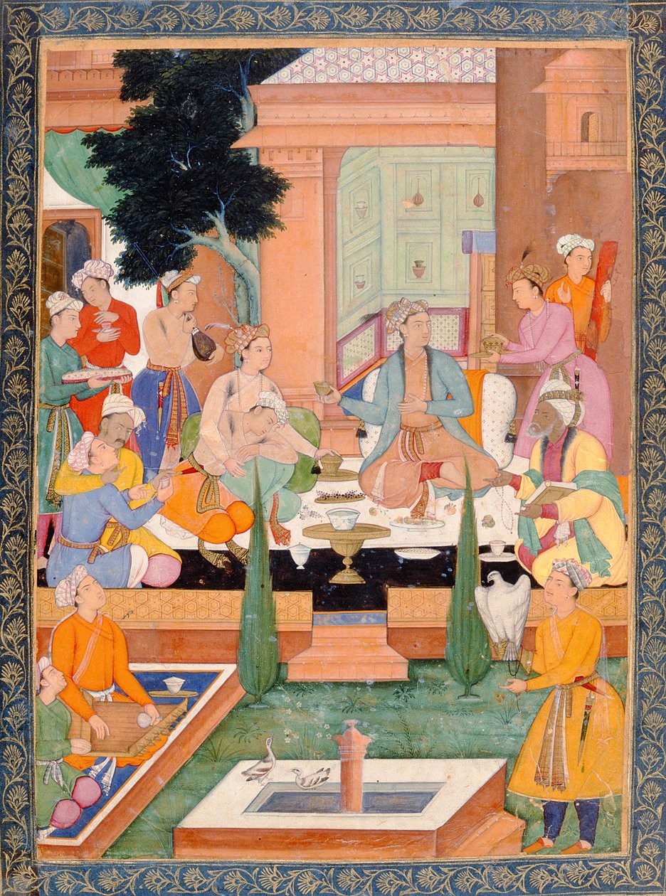 Een prins en metgezellen nemen verfrissingen en luisteren naar muziek, uit het Kleine Clive Album door Mughal School