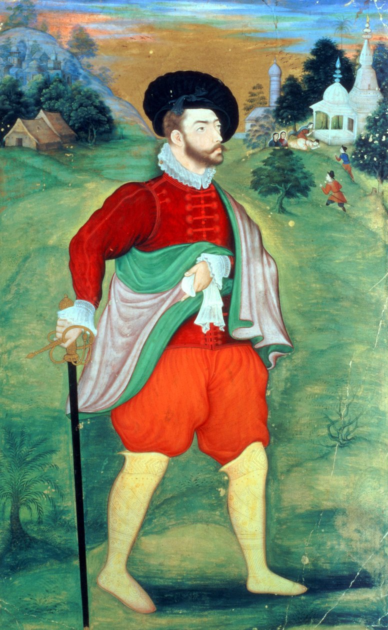 Een Europeaan in India, ca. 1556-1605 door Mughal School